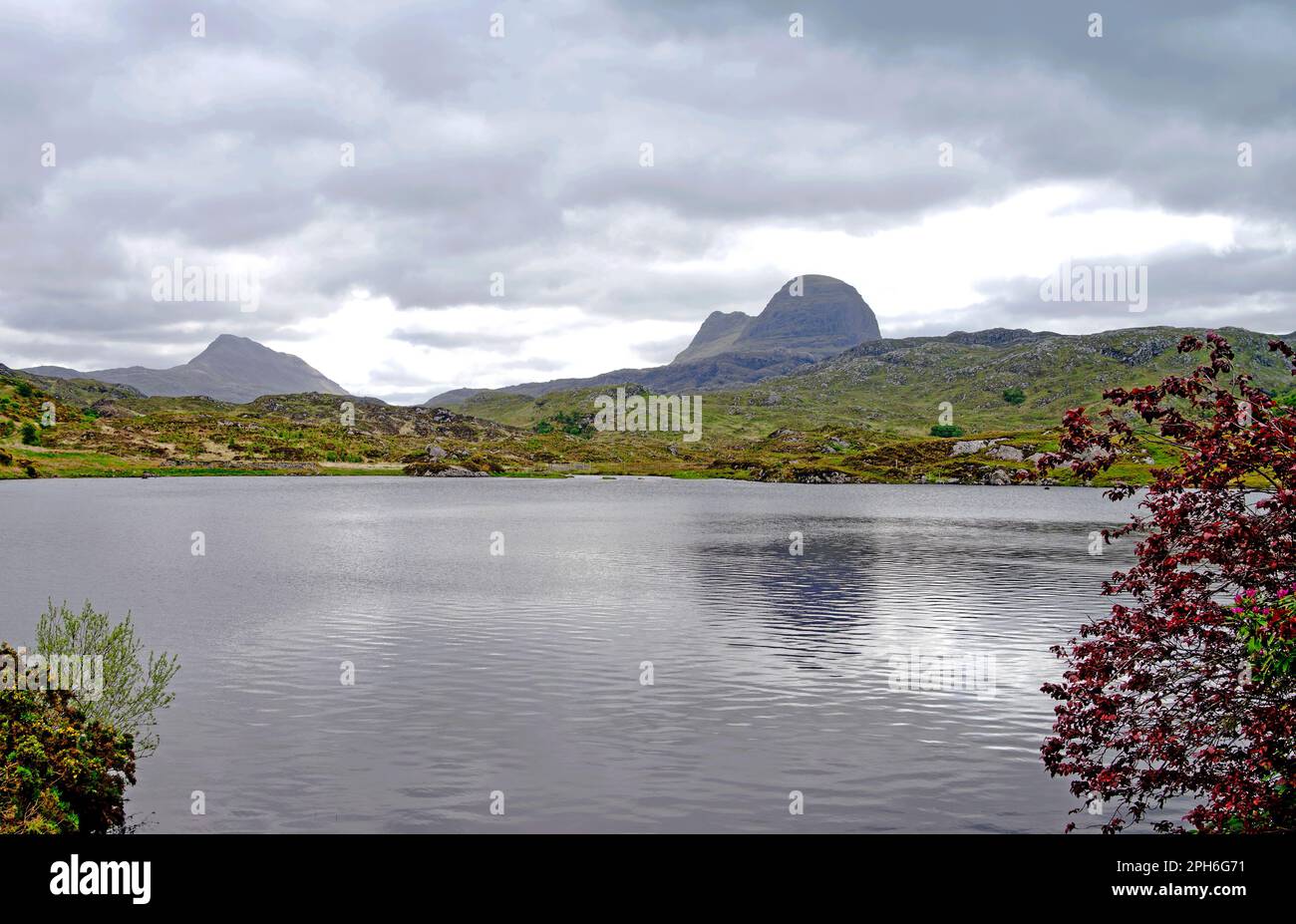 Vue sur le Loch Druim Suardalain jusqu'à Canisp et Suilven, au-dessus du terrain accidenté bordant le loch, Glen Canisp, Assynt, Sutherland, Écosse, Royaume-Uni Banque D'Images