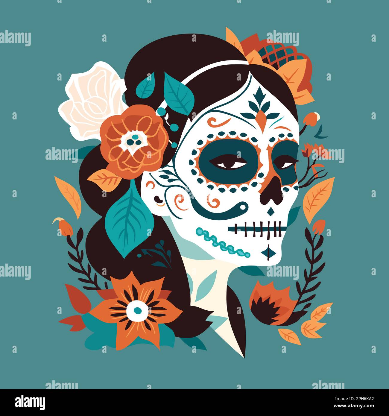 Une illustration vectorielle du thème Día de los Muertos Sugar Skull Woman. Illustration de Vecteur