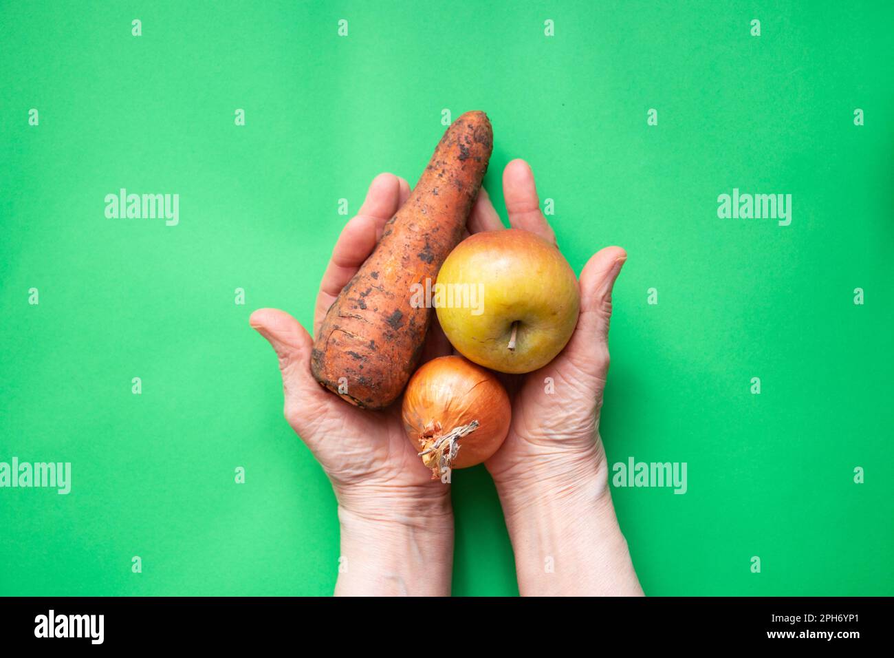 oignons, carottes et pommes sales dans les mains de la grand-mère sur la table, la récolte, les légumes et les fruits Banque D'Images