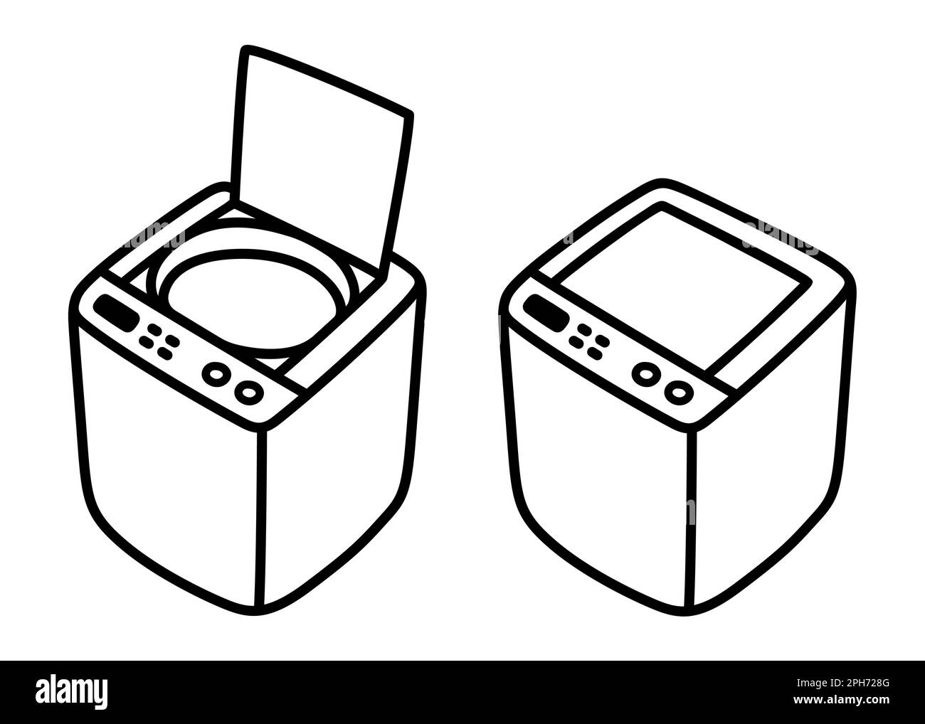 Lave-linge à chargement par le haut avec couvercle ouvert et fermé, schéma isométrique. Dessin animé à la main. Icône vecteur simple. Illustration de Vecteur