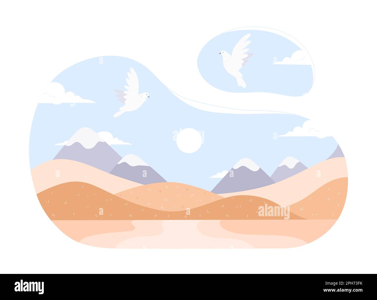 Paysage désertique de sable avec illustration vectorielle de colombes volantes. Dessins animés dunes jaunes sauvages minimalistes, terrain avec collines et sommets de montagne à l'horizon, les pigeons blancs volent dans le ciel bleu sur des terres sèches Illustration de Vecteur