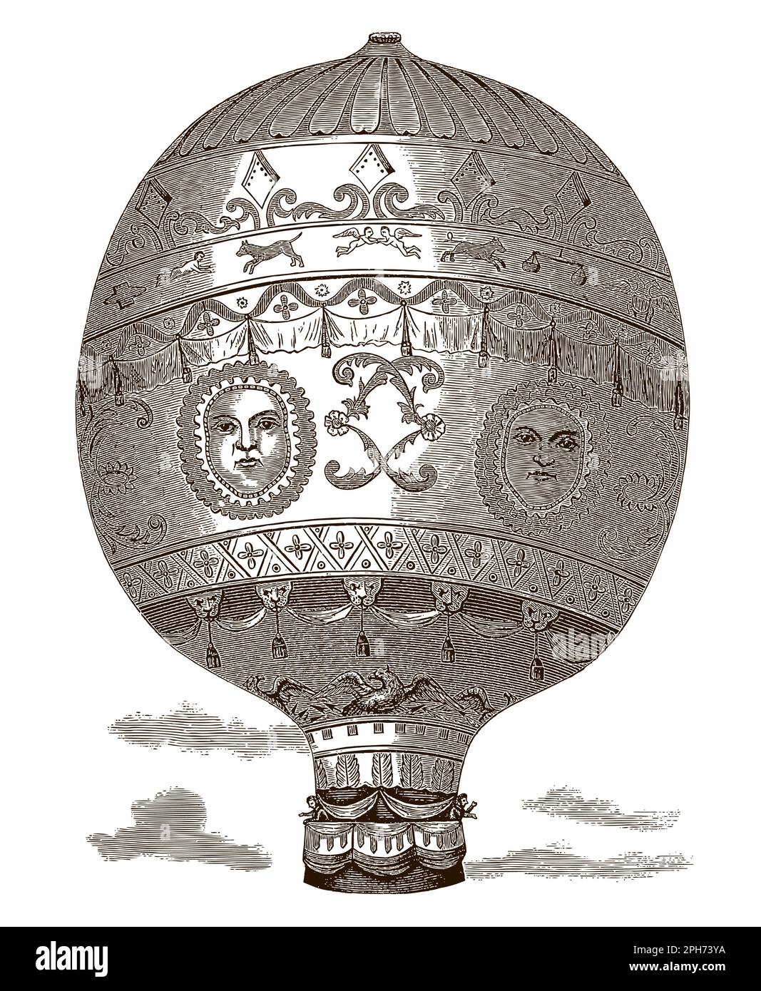 Montgolfière historique transportant deux passagers, après une gravure antique Illustration de Vecteur