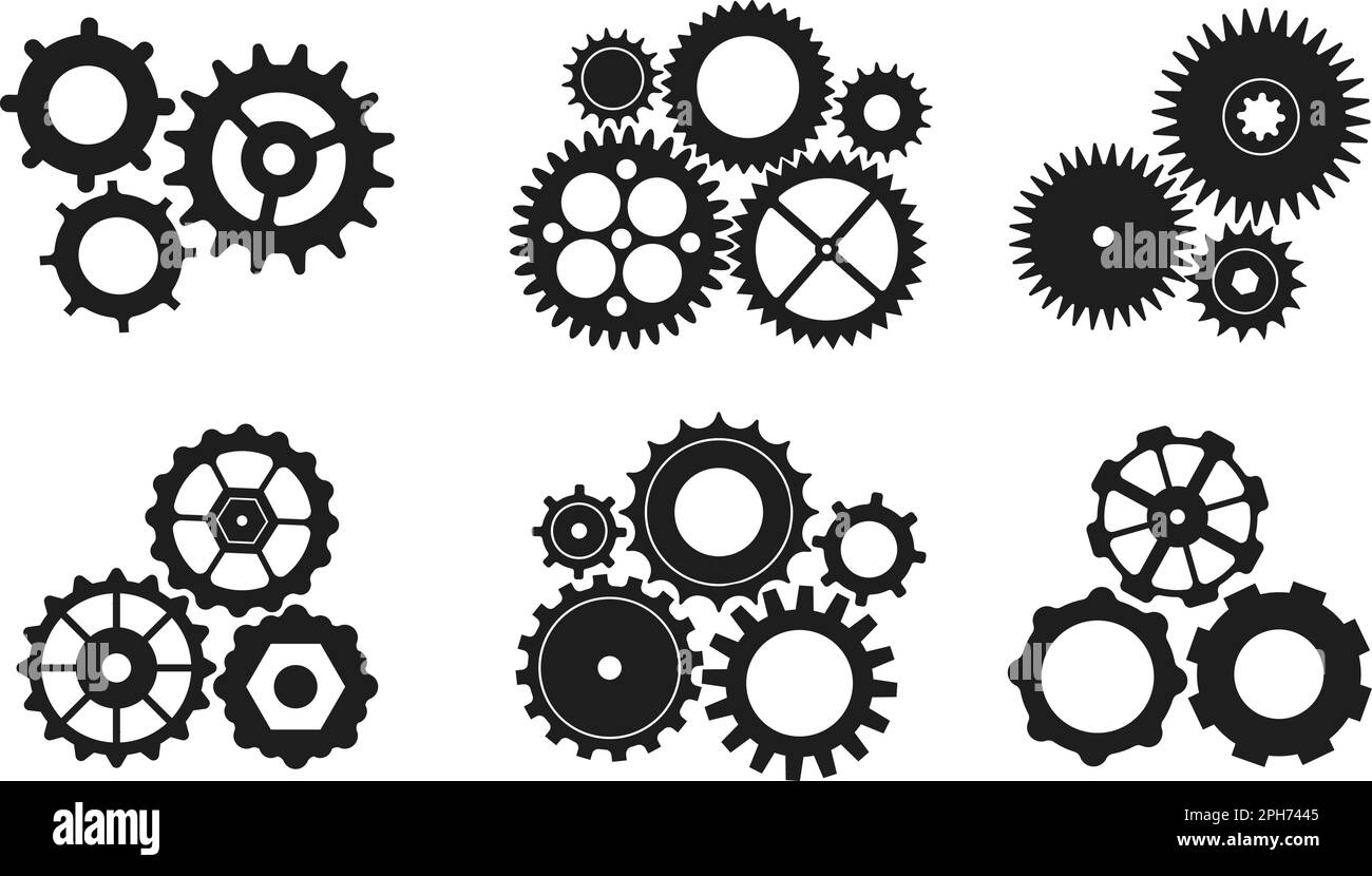 Compositions d'engrenages techno. Travail des engrenages, processus de roues mécaniques industriel. Métaphore du fonctionnement de l'usine, du travail d'entreprise ou d'équipe. Roue dentée décente Illustration de Vecteur
