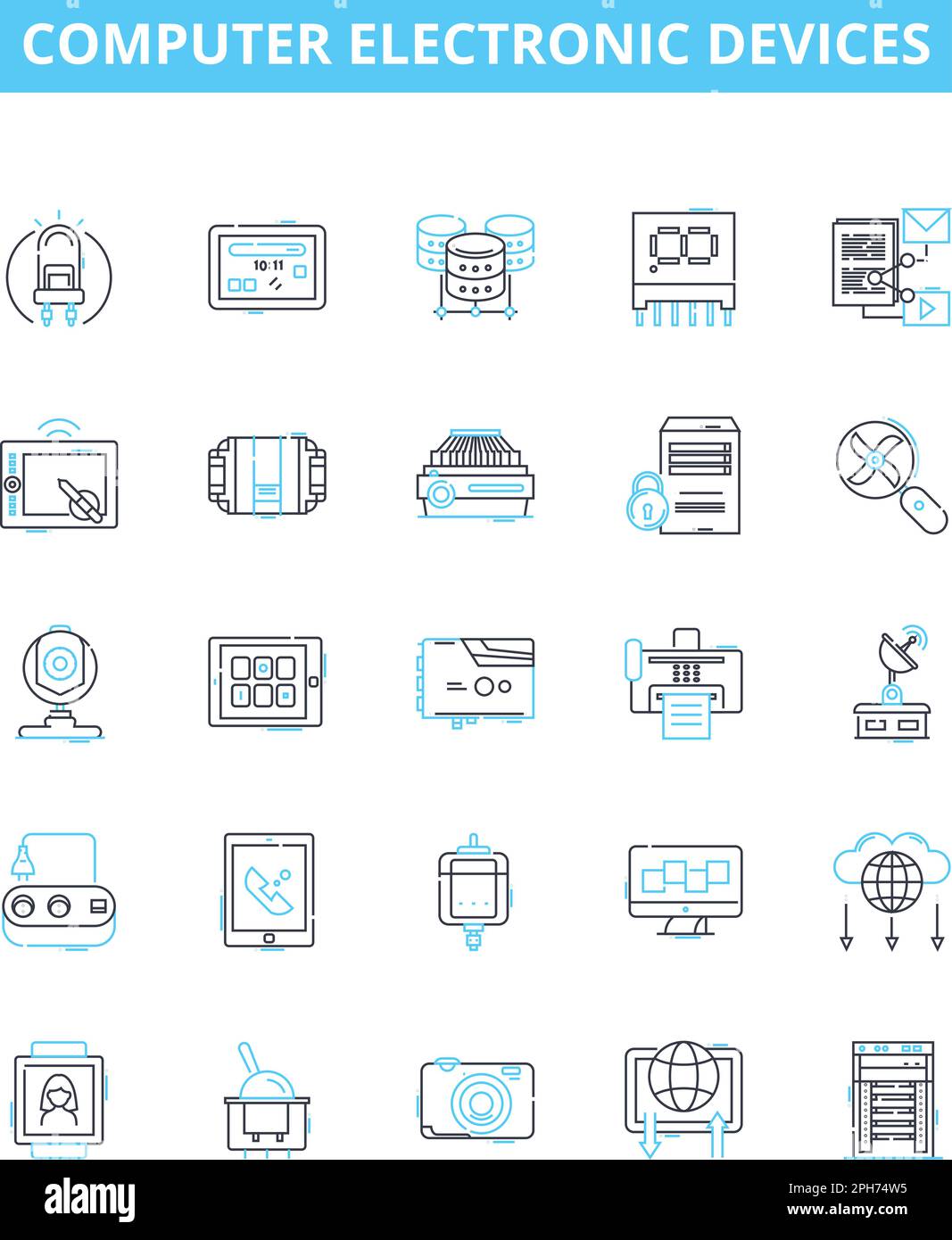 Jeu d'icônes de lignes vectorielles de dispositifs électroniques d'ordinateur. Ordinateur portable, ordinateur de bureau, moniteur, imprimante, clavier, Souris, illustration du routeur, symboles de concept et Illustration de Vecteur