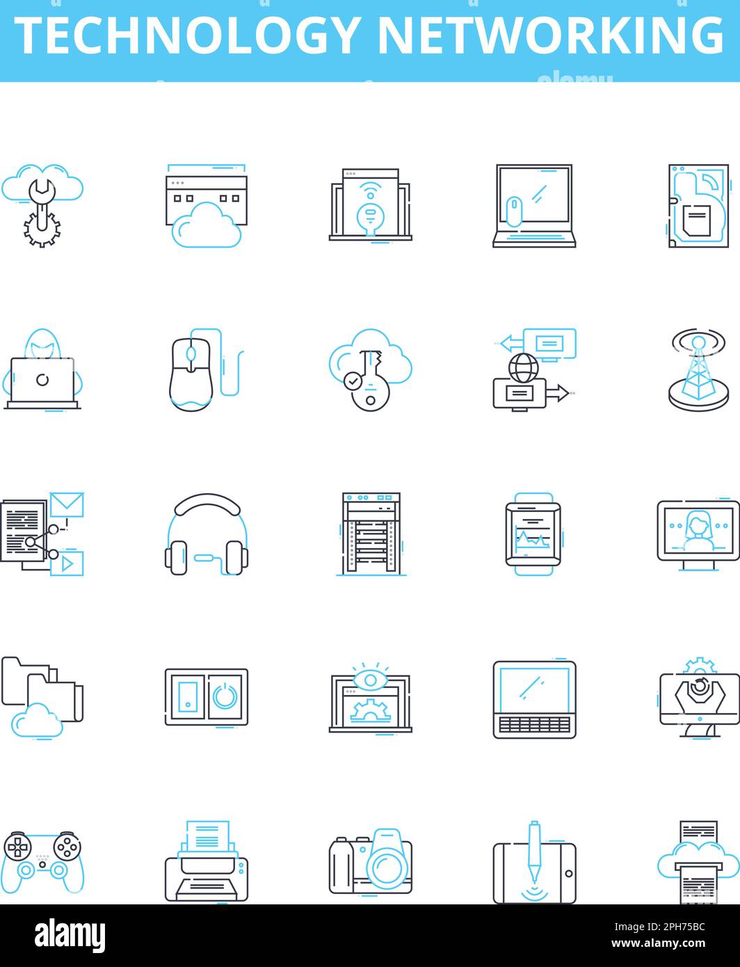 Jeu d'icônes de ligne vectorielle de mise en réseau technologique. Réseau, technologie, LAN, WAN, TCP, L'illustration IP, Wi-Fi présente des symboles et des signes de concept Illustration de Vecteur
