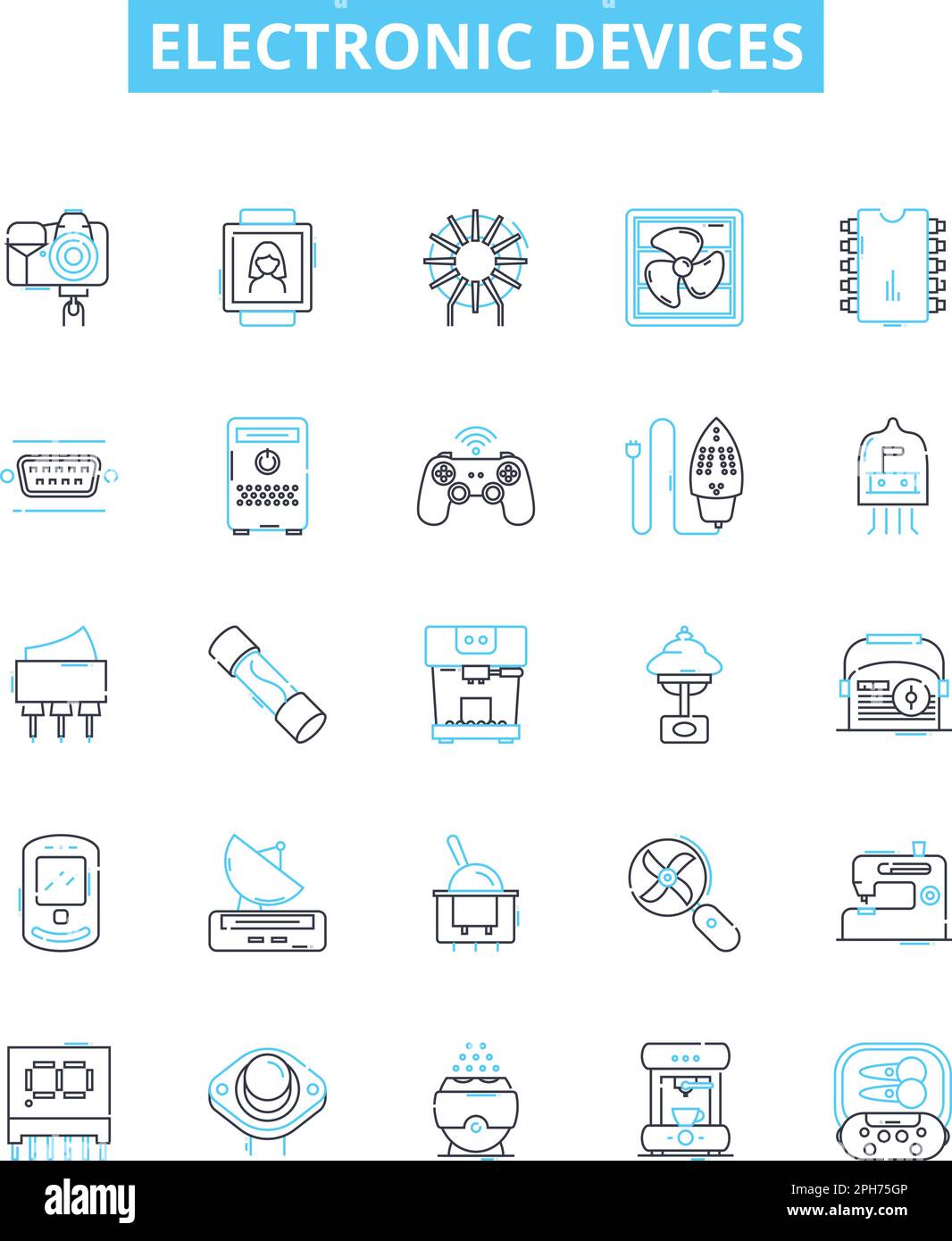 Jeu d'icônes de lignes vectorielles de dispositifs électroniques. Électronique, appareils, numérique, composants, ordinateurs, Les symboles de concept sont illustrés par les tablettes et les téléphones Illustration de Vecteur