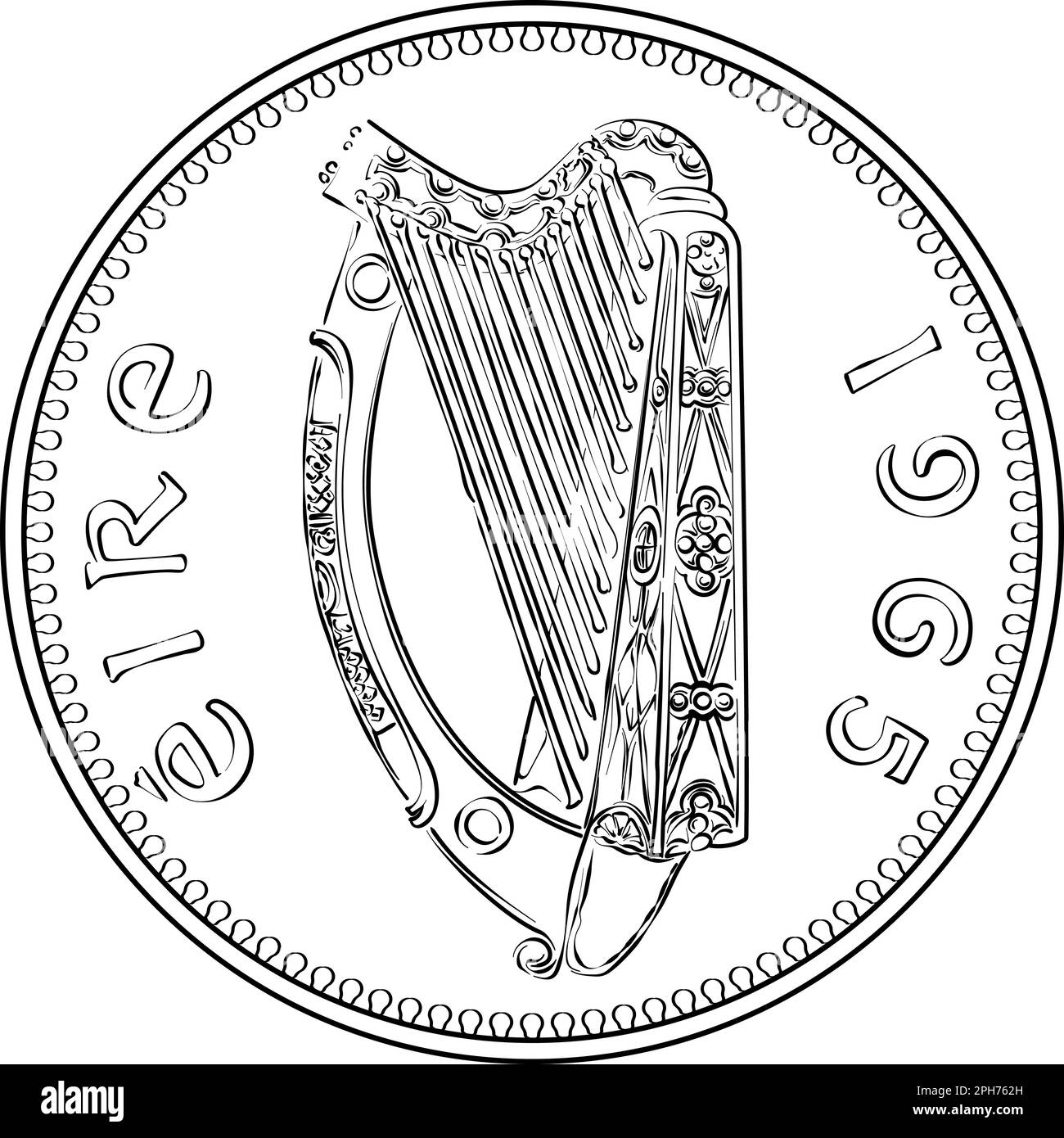 Irish Money pièce d'or pré-décimale Penny avec harpe celtique sur l'inverse. Image en noir et blanc Illustration de Vecteur