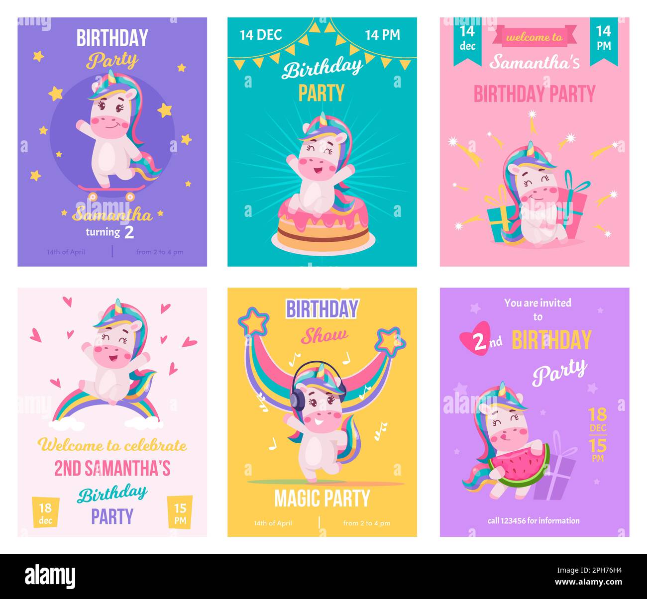Carte poney. Placards invitation à la fête des enfants avec drôle de dessin animé unicorns exact vecteur modèle de conception d'impression Illustration de Vecteur