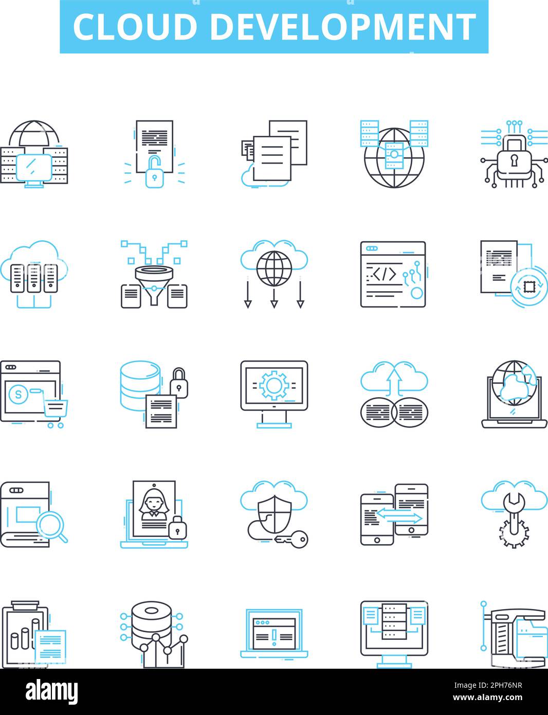 Ensemble d'icônes de lignes vectorielles de développement de cloud. Cloud, développement, plate-forme, architecture, déploiement, Gestion, présentation de l'illustration de l'infrastructure Illustration de Vecteur