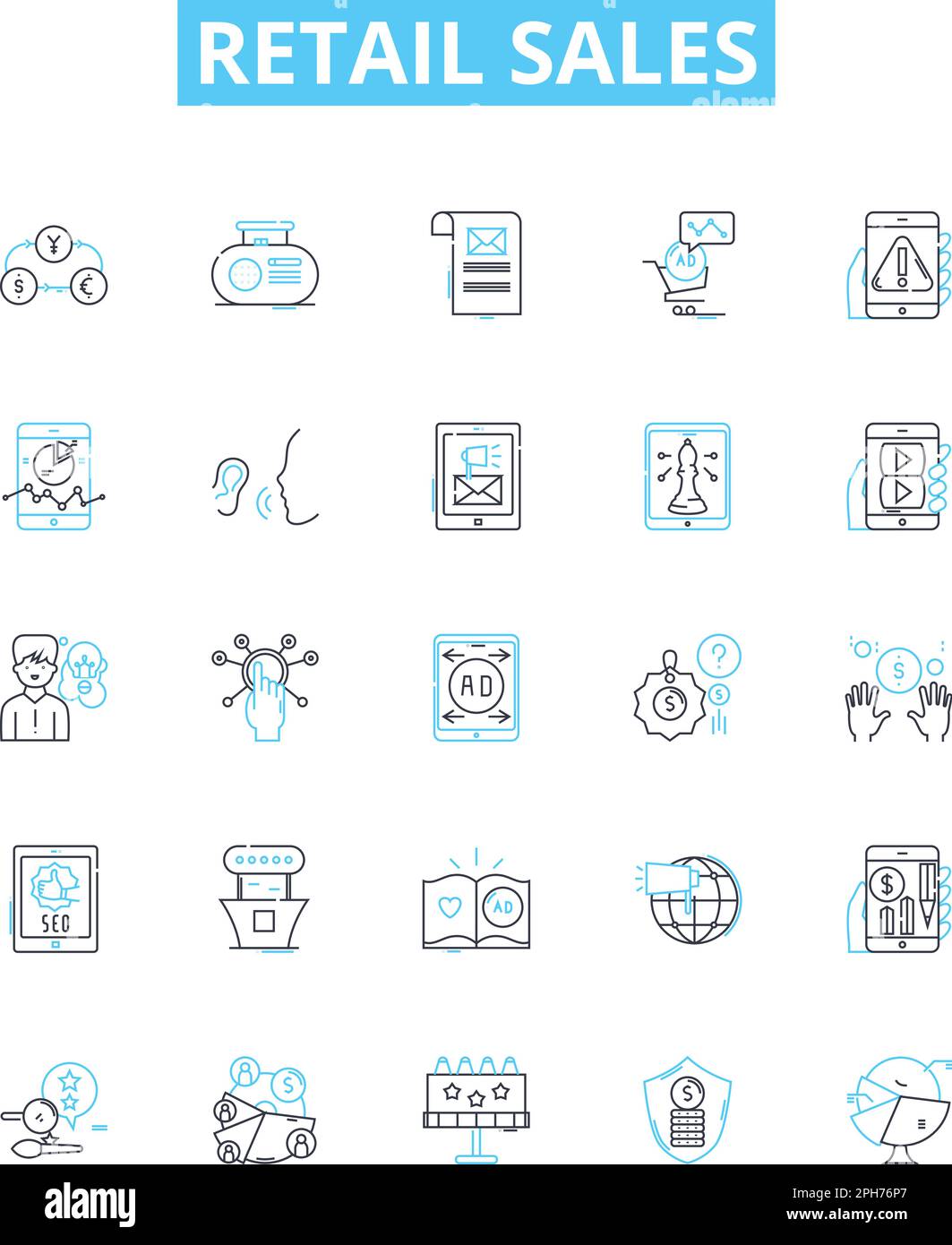 Ensemble d'icônes de ligne vectorielle de vente au détail. Vente au détail, ventes, marchandises, achats, magasin, Les clients, les illustrations de produits présentent des symboles et des signes conceptuels Illustration de Vecteur