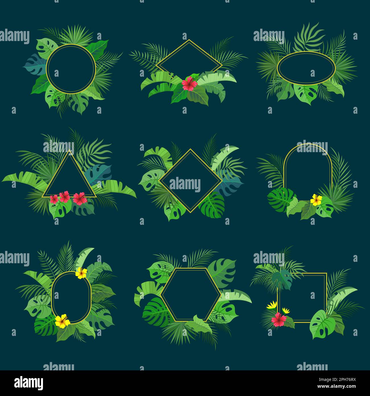 Cadres de feuilles tropicales. Jungle stylisée symboles de la nature formes décoratives de formes différentes modèles vectoriels récents pour des projets de conception d'impression Illustration de Vecteur