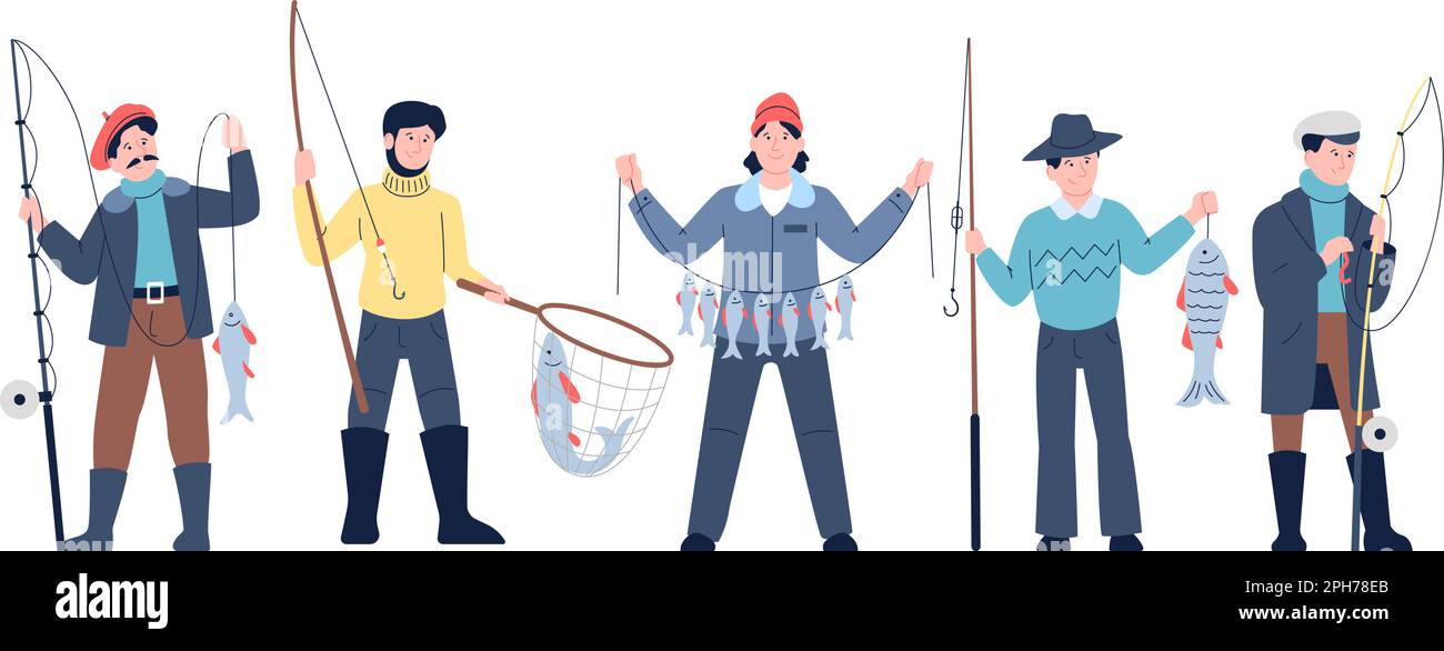 Groupe de pêcheurs tient des tiges, seau et poisson. Loisirs d'été en plein air, passe-temps de pêche. Vacances hommes, pêcheur professionnel personnage vecteur récent Illustration de Vecteur