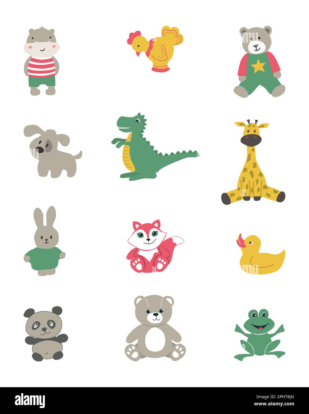 Jouets isolés sur fond blanc. Il y a anima. l jouets sur la photo: hippopotame, ours en peluche, girafe, dinosaure, chien, lièvre Illustration de Vecteur