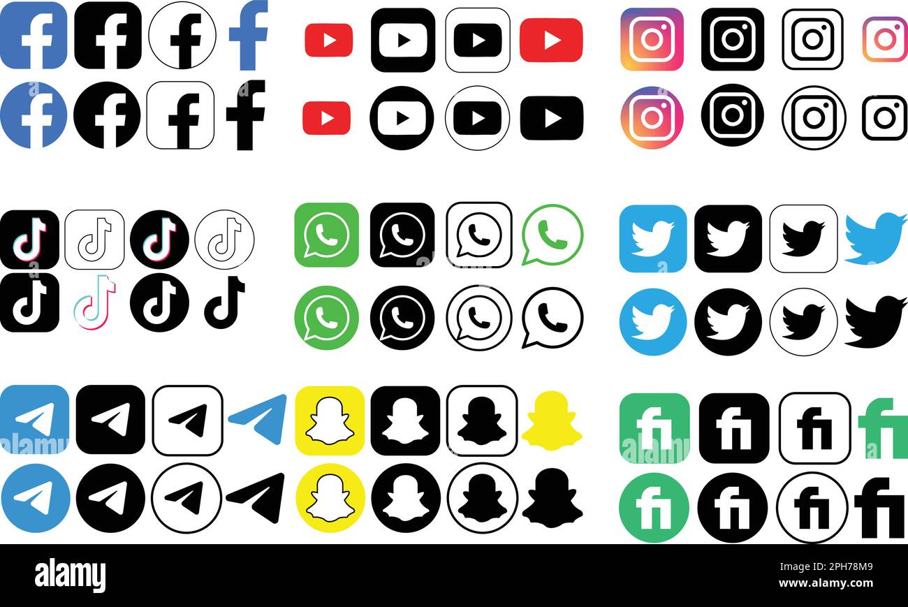 Facebook, YouTube, Instagram, TikTok, WhatsApp, Twitter, Telegram, Snapchat, Fiverr, bouton d'application de logotype, en ligne et en forme d'icône plate. Ensemble réaliste Illustration de Vecteur