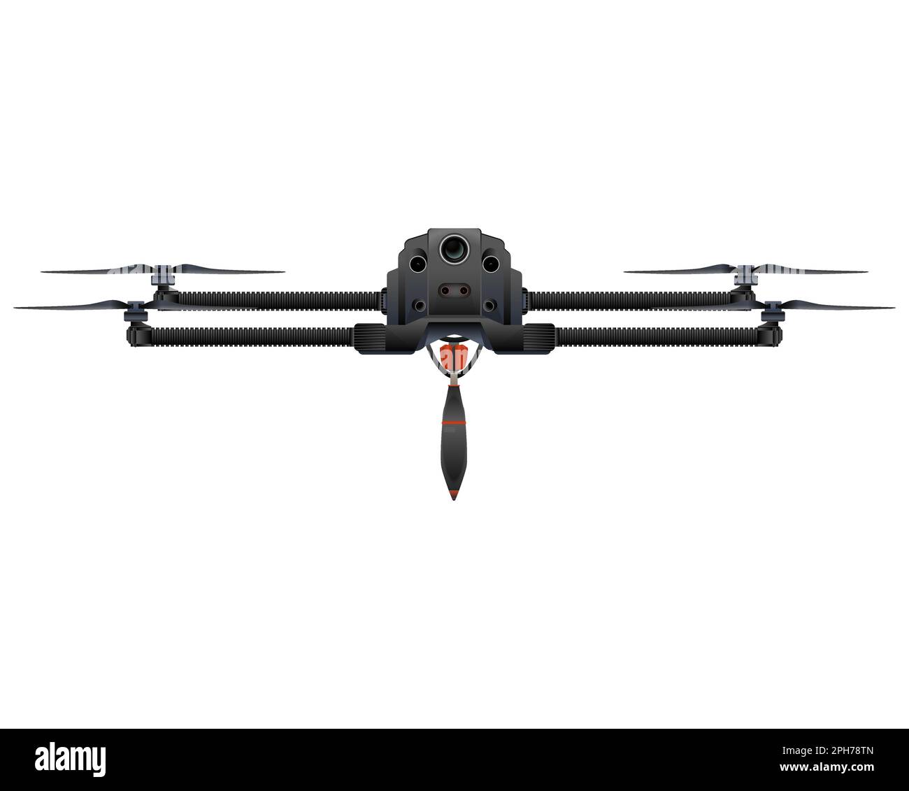 Drone militaire avec bombe dans un style réaliste. Tirs de missiles. Fusée aérienne, illustration vectorielle colorée isolée sur fond blanc. Illustration de Vecteur