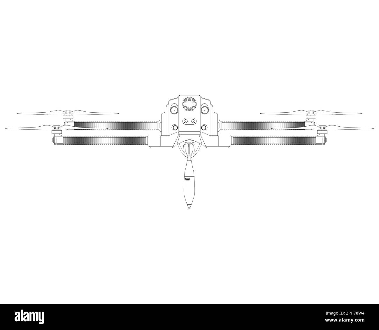 Livre de coloriage de Drone avec bombe militaire. Tirs de missiles. Fusée aérienne, illustration vectorielle colorée isolée sur fond blanc. Illustration de Vecteur