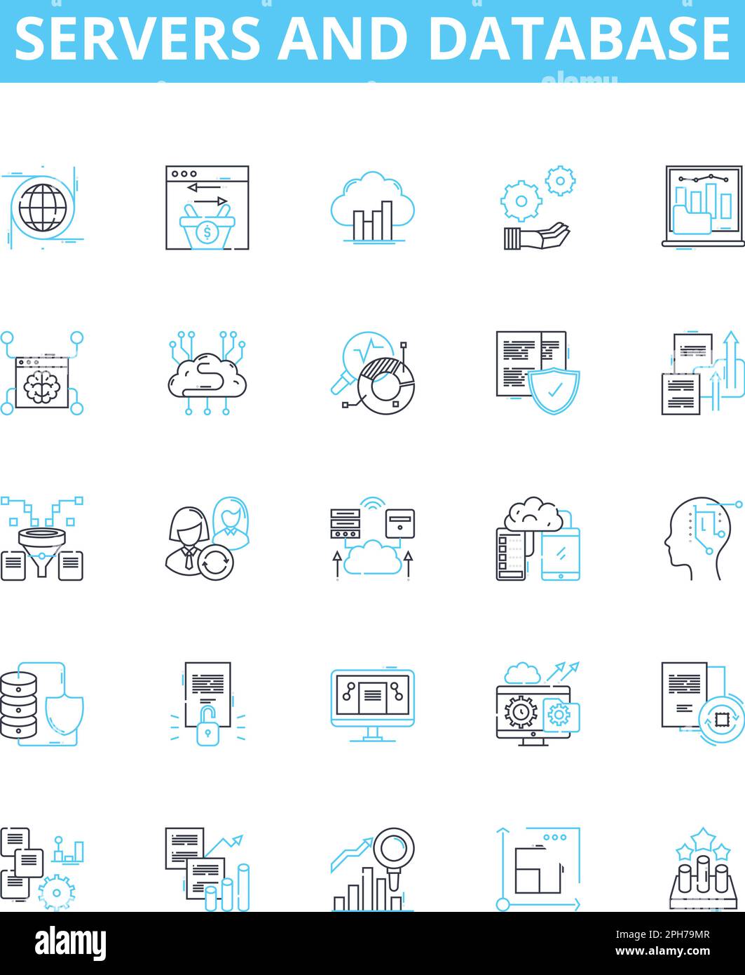 Jeux d'icônes de ligne vectorielle de serveurs et de bases de données. Serveurs, bases de données, SQL, MySQL, PostgreSQL, Présentation d'Oracle, Microsoft SQL Server Illustration de Vecteur