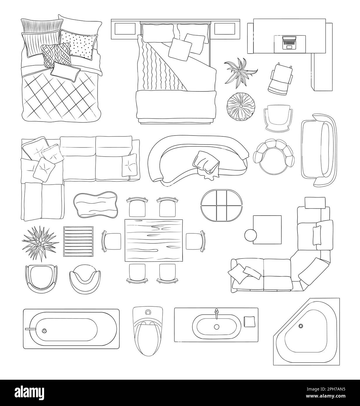 Mobilier vue de dessus Vector Line art isolé. Illustration de Vecteur