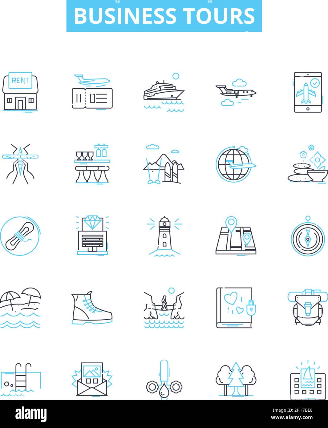 Ensemble d'icônes de lignes vectorielles Business Tours. Affaires, visites, affaires, sortie, voyages d'affaires, excursion, visite illustration schéma symboles concept et Illustration de Vecteur