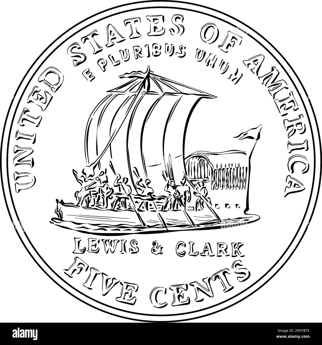 Jefferson nickel, American Money, USA pièce de cinq cents avec le bateau à quille de Lewis et Clark Expedition sur le dos. Image en noir et blanc Illustration de Vecteur