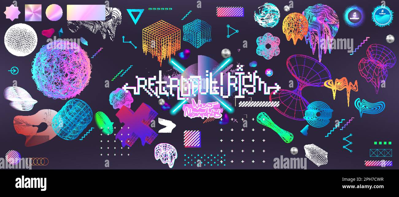 Jeu de 3D formes géométriques futuristes et tendance. Décor futuriste dans un style vaporeux Illustration de Vecteur