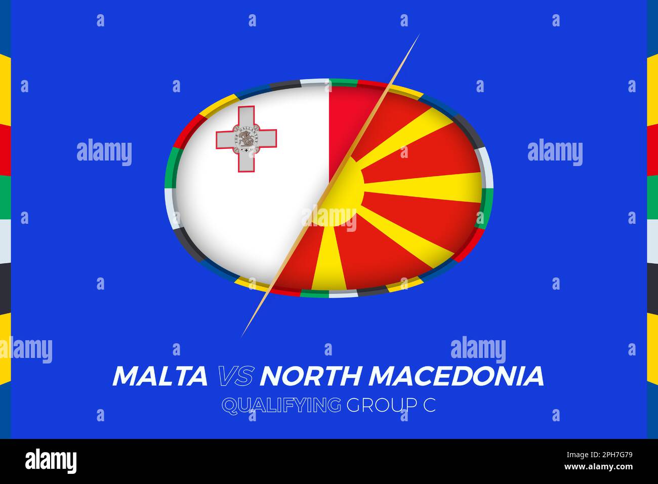 Icône Malte contre la Macédoine du Nord pour la qualification du tournoi de football européen, groupe C. icône de compétition sur fond stylisé. Illustration de Vecteur