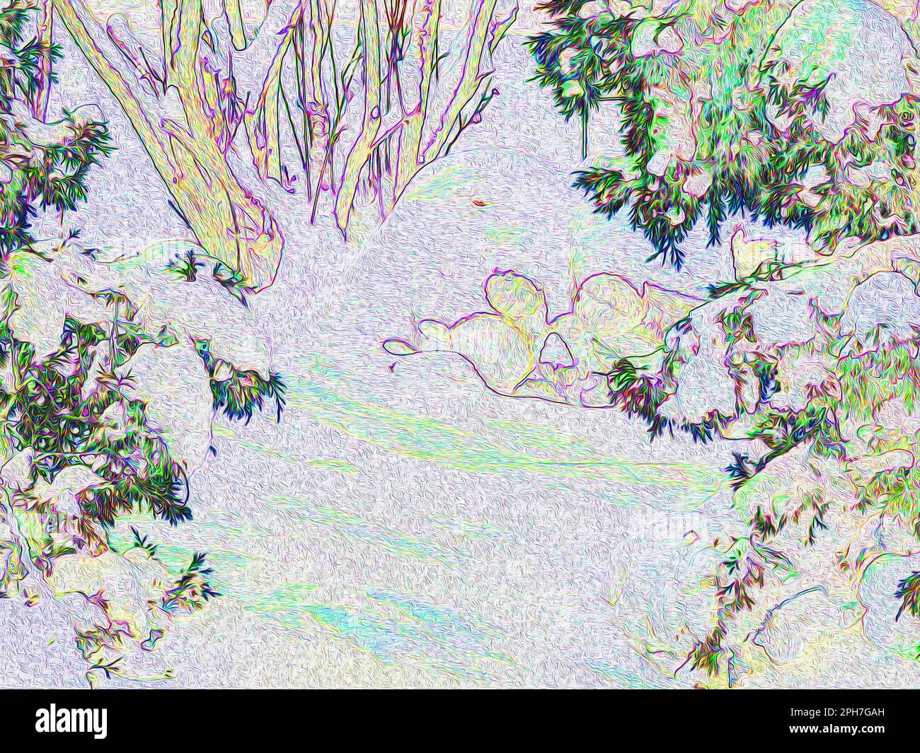 Photo stylisée dans les couleurs du printemps d'un monde de rêve montrent une nouvelle vie dans la nature. Le sol est en fait recouvert de neige avec des aiguilles de pin, des buissons et des bûches qui encadrent tout. Banque D'Images