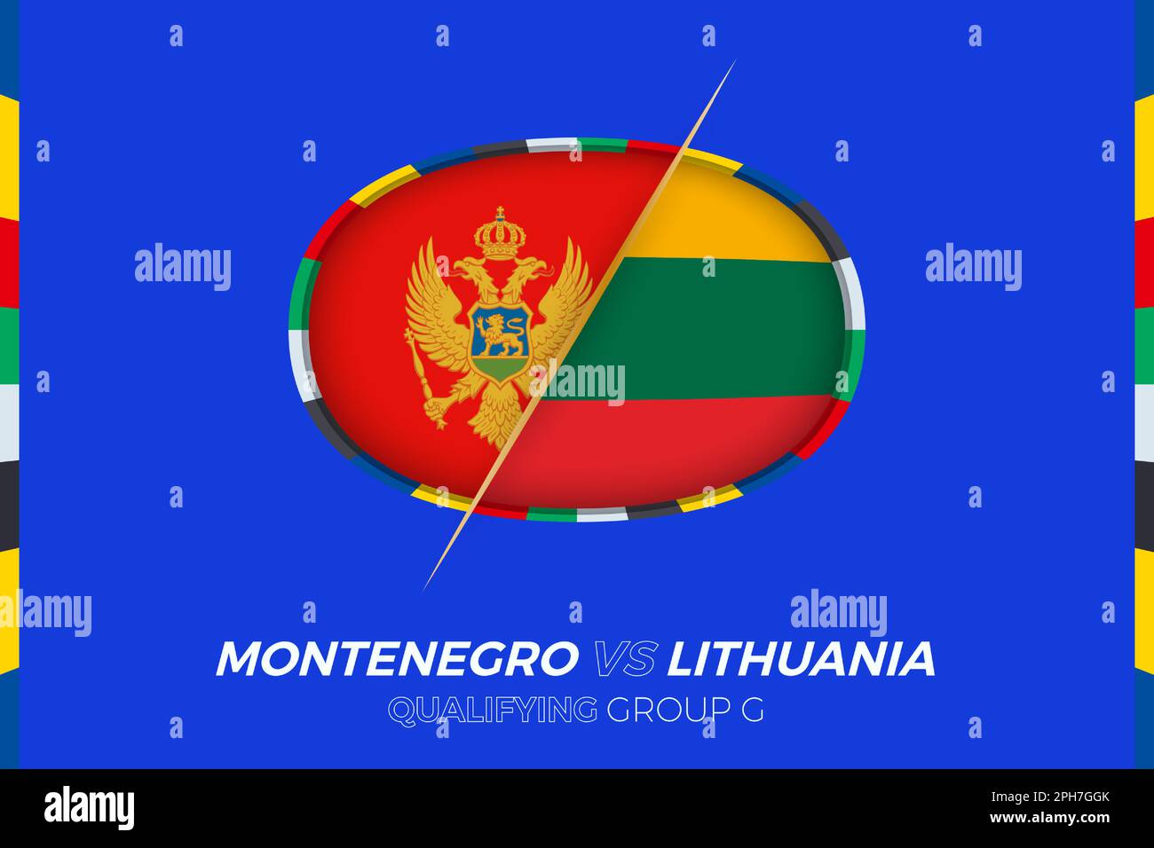 Icône du Monténégro contre la Lituanie pour la qualification des tournois européens de football, groupe G. icône de compétition sur fond stylisé. Illustration de Vecteur