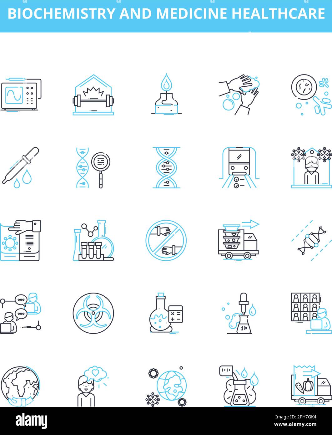 Ensemble d'icônes de lignes vectorielles de biochimie et de médecine de soins de santé. Biochimie, métabolisme, enzymes, hormones, protéines, Gènes, schéma de l'illustration de l'ADN Illustration de Vecteur