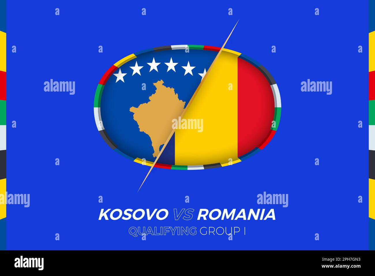 Icône Kosovo contre Roumanie pour qualification en tournoi de football européen, groupe I. Icône de compétition sur fond stylisé. Illustration de Vecteur