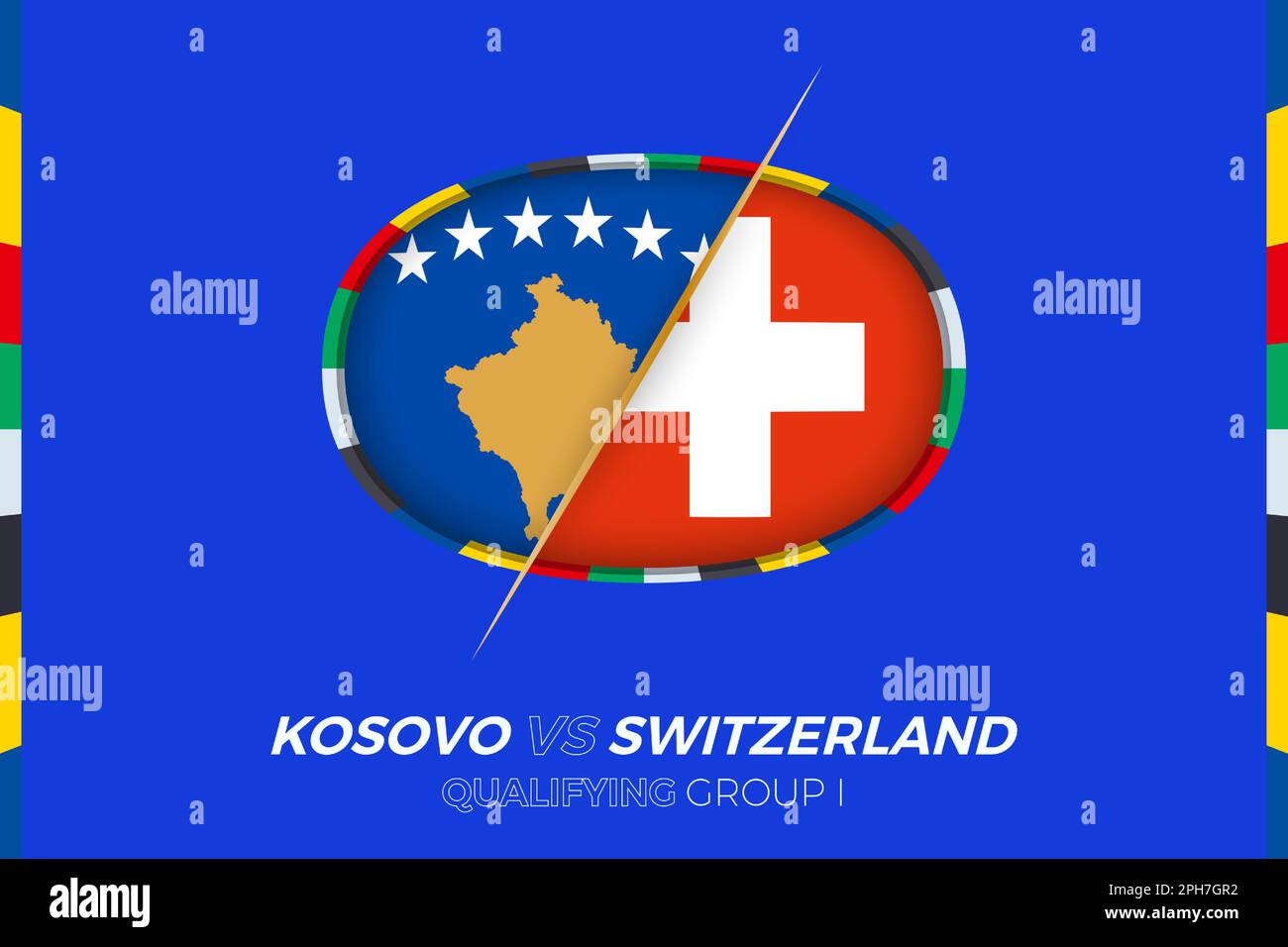 Icône Kosovo contre Suisse pour qualification en tournoi de football européen, groupe I. Icône de compétition sur fond stylisé. Illustration de Vecteur