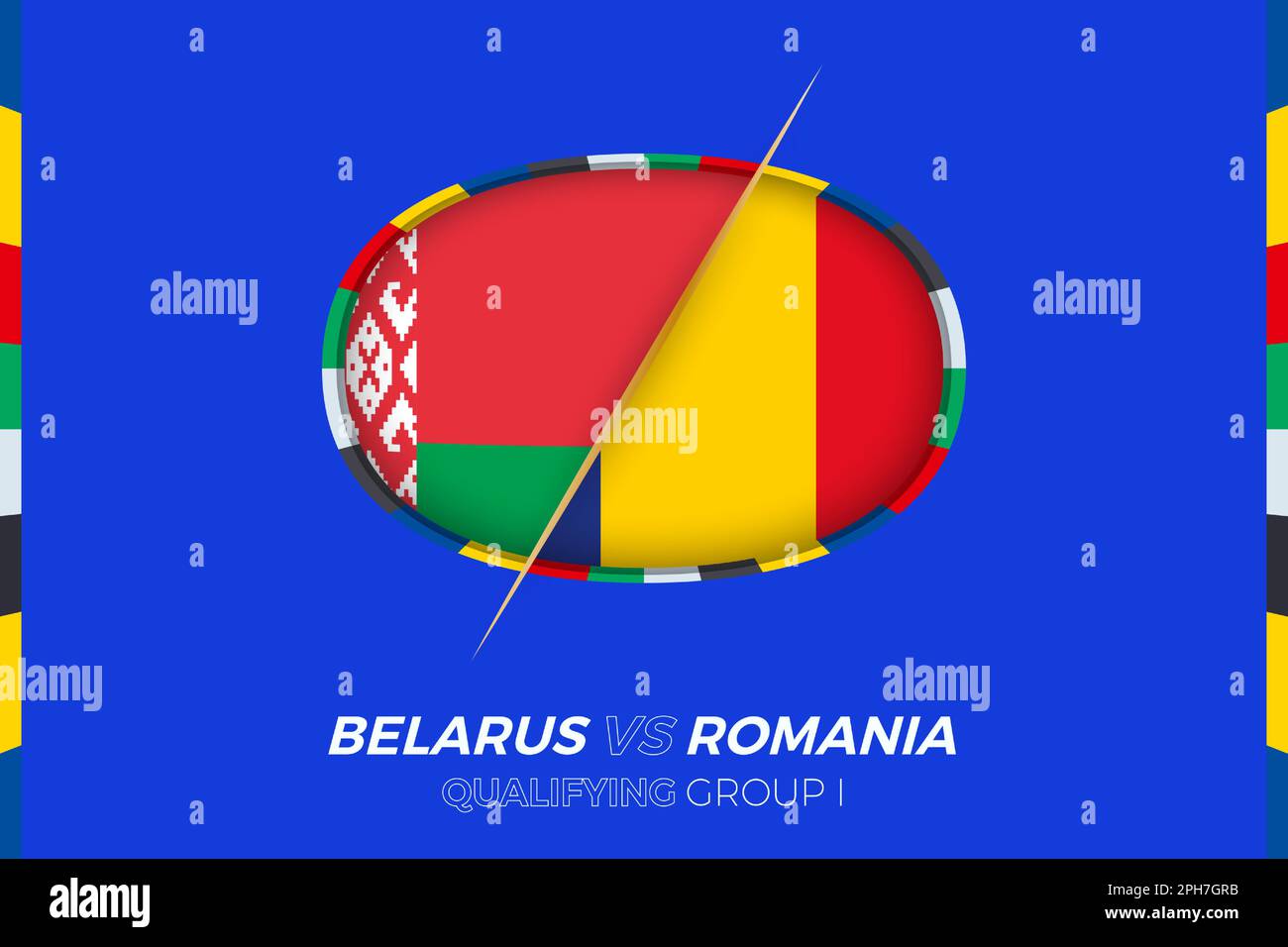 Biélorussie contre Roumanie icône pour qualification en tournoi de football européen, groupe I. Icône de compétition sur fond stylisé. Illustration de Vecteur