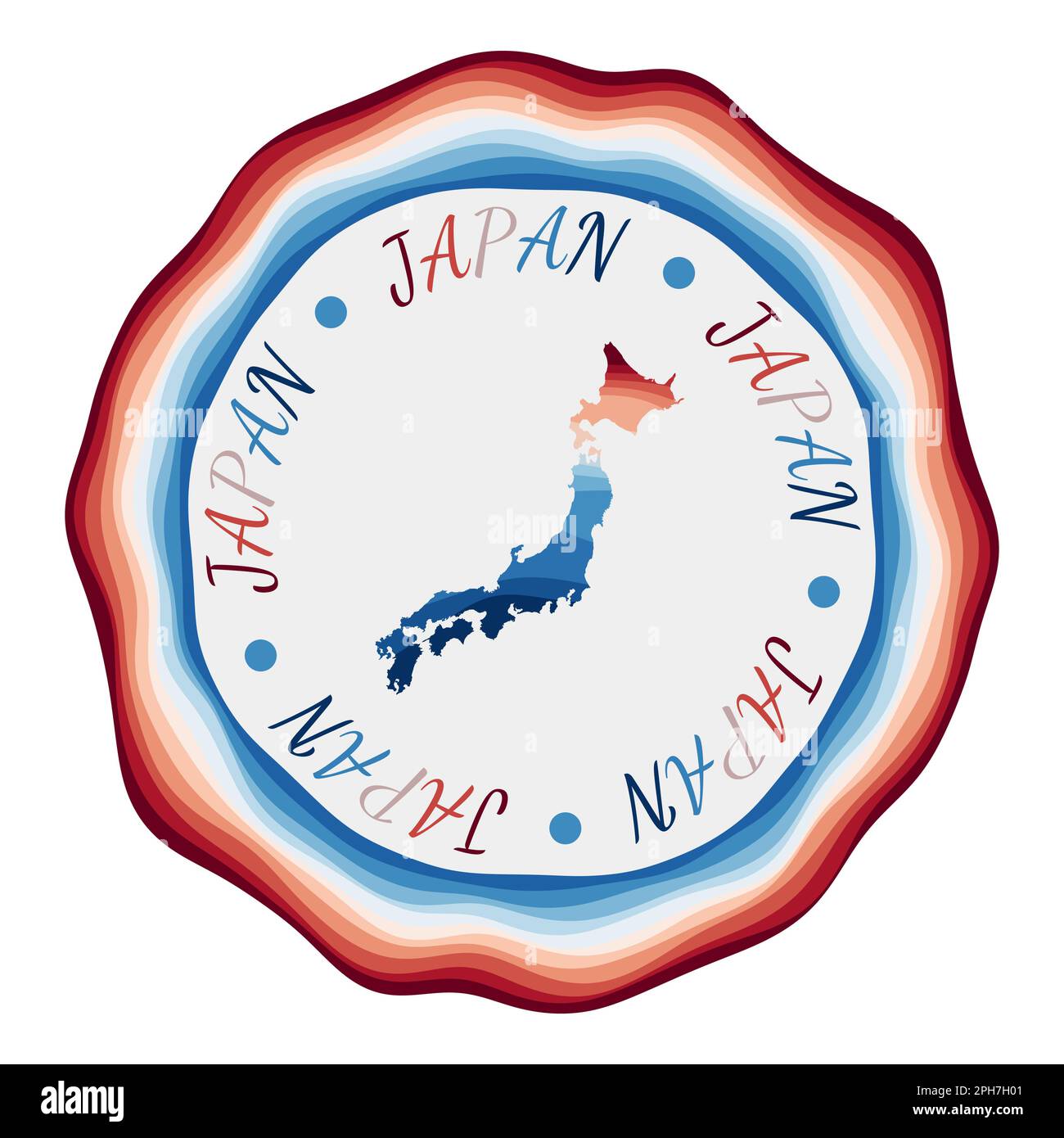 Badge Japon. Carte du pays avec de belles vagues géométriques et un cadre rouge et bleu vif. Logo vif rond du Japon. Illustration vectorielle. Illustration de Vecteur