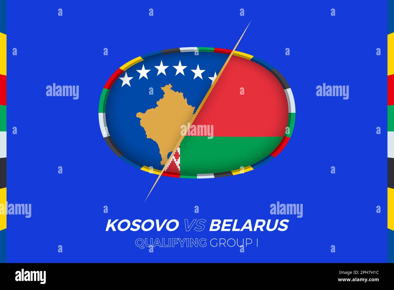 Kosovo contre Biélorussie icône pour qualification en tournoi de football européen, groupe I. Icône de compétition sur fond stylisé. Illustration de Vecteur