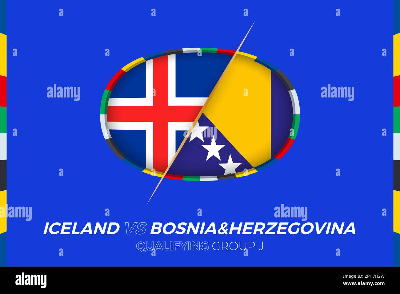 Icône Islande contre Bosnie-Herzégovine pour qualification en tournoi de football européen, groupe J. icône compétition sur fond stylisé. Illustration de Vecteur