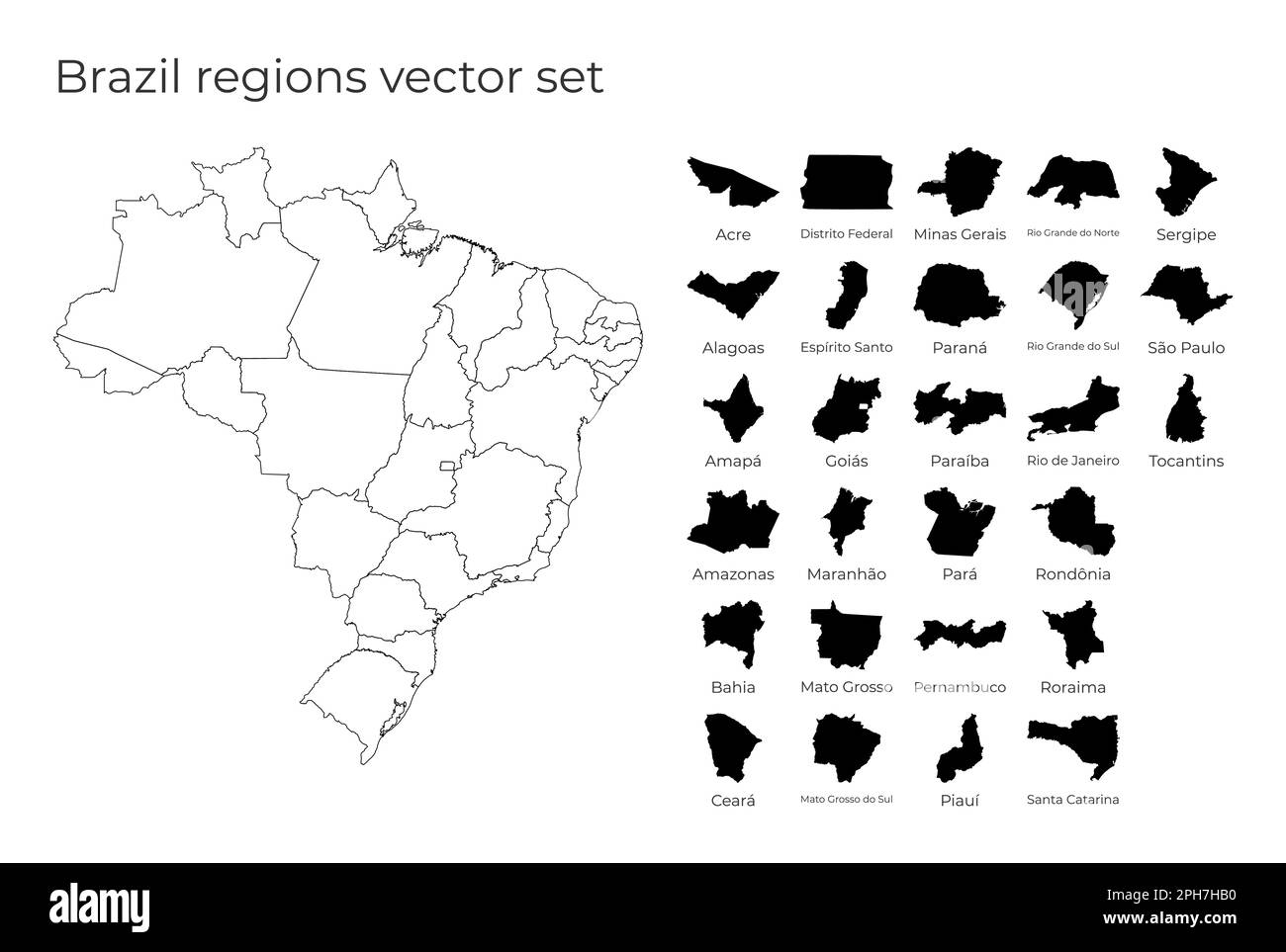 Carte du Brésil avec des formes de régions. Carte vectorielle vierge du pays avec les régions. Frontières du pays pour votre infographie. Illustration vectorielle. Illustration de Vecteur
