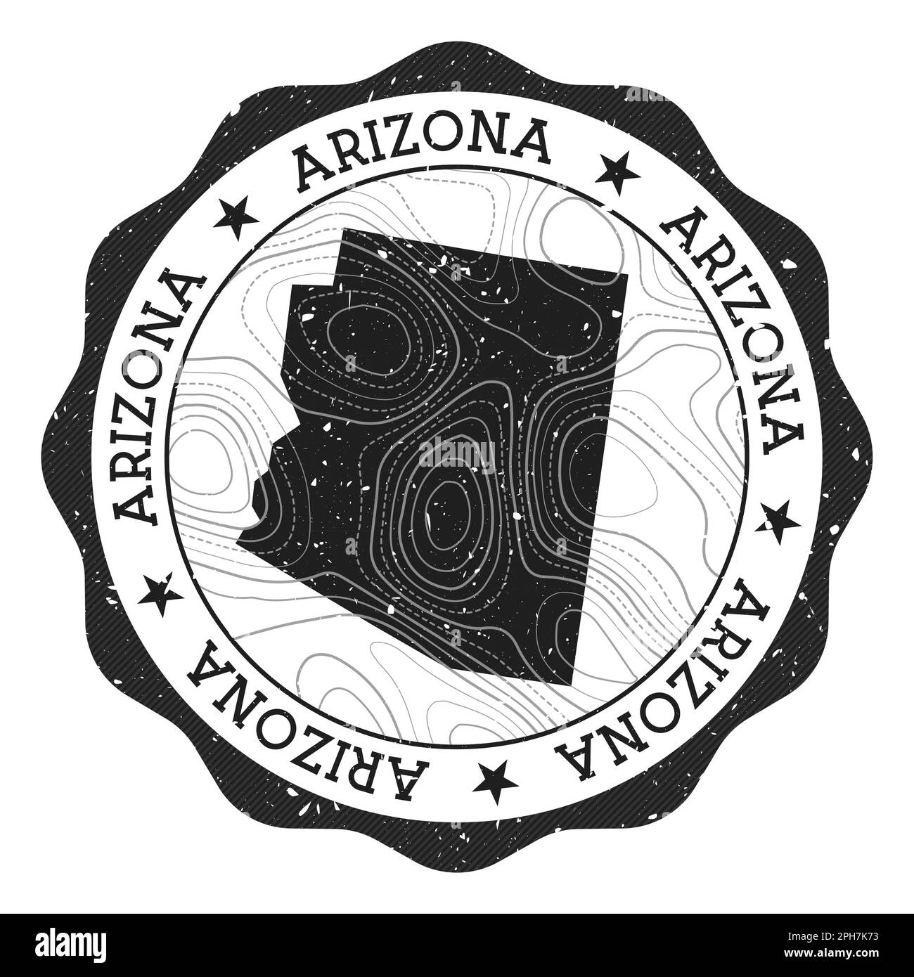 Timbre extérieur Arizona. Autocollant rond avec carte de l'état des États-Unis avec isolines topographiques. Illustration vectorielle. Illustration de Vecteur