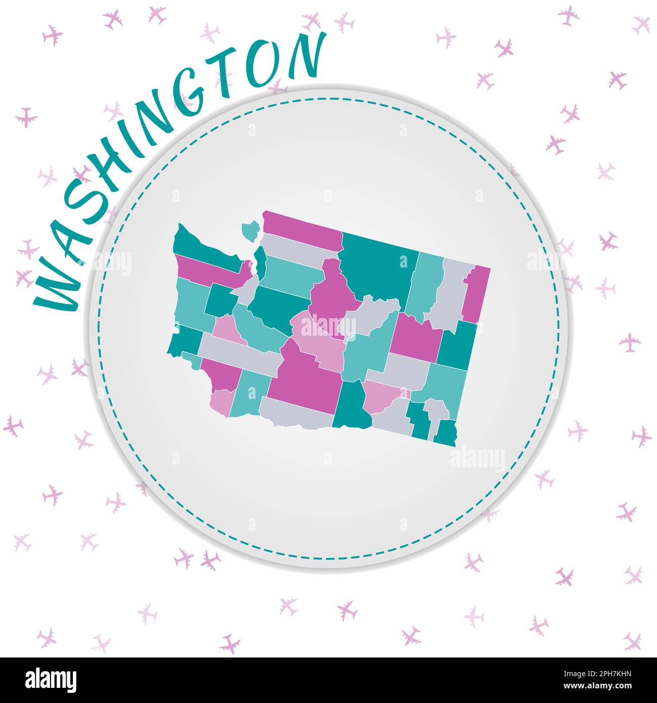 Design de carte Washington. Carte de l'état américain avec les régions dans la palette de couleurs émeraude-améthyste. Illustration de Vecteur