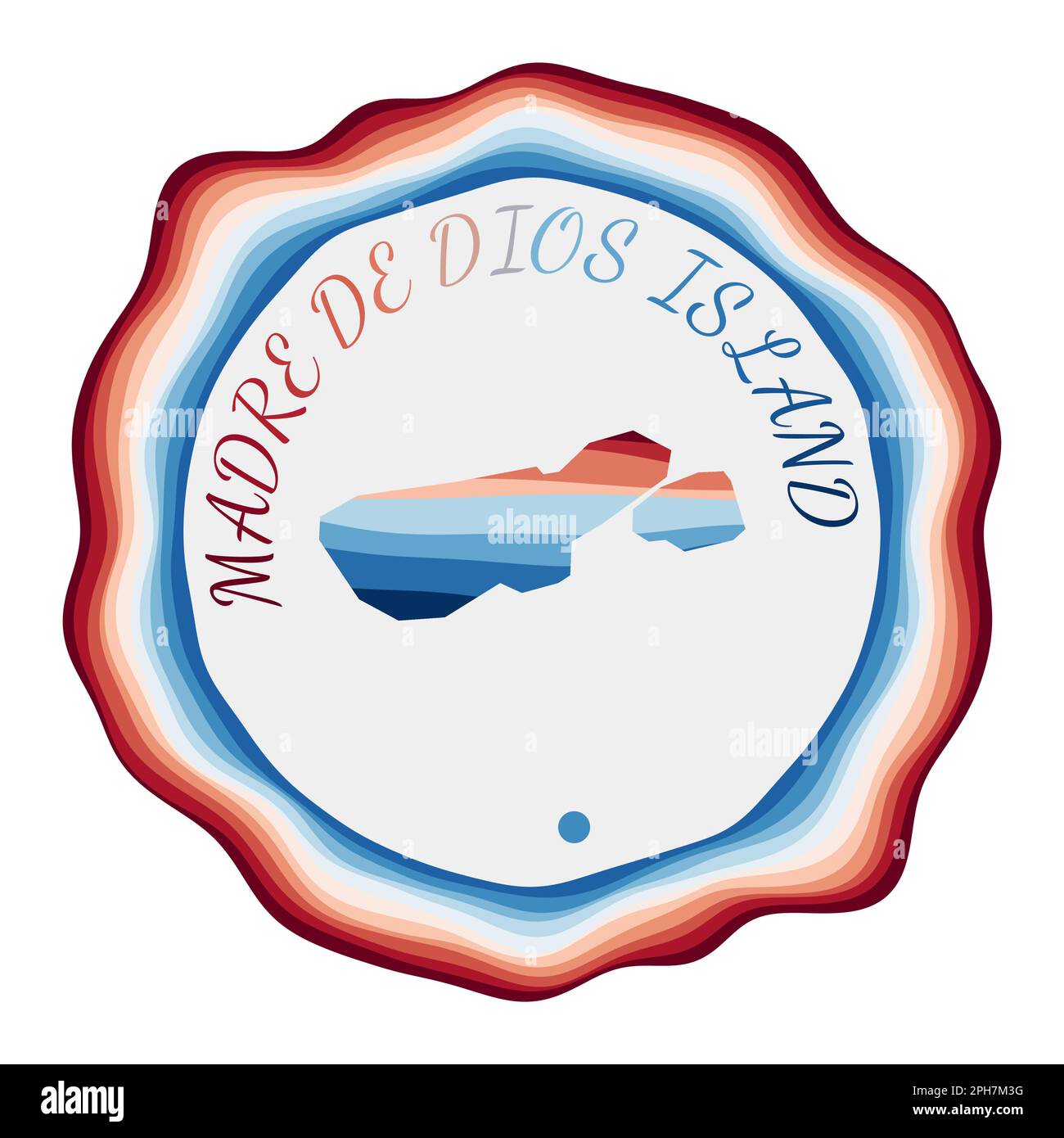 Badge Madre de Dios Island. Carte de l'île avec de belles vagues géométriques et un cadre rouge et bleu vif. Logo rond vif Madre de Dios. Illustration de Vecteur