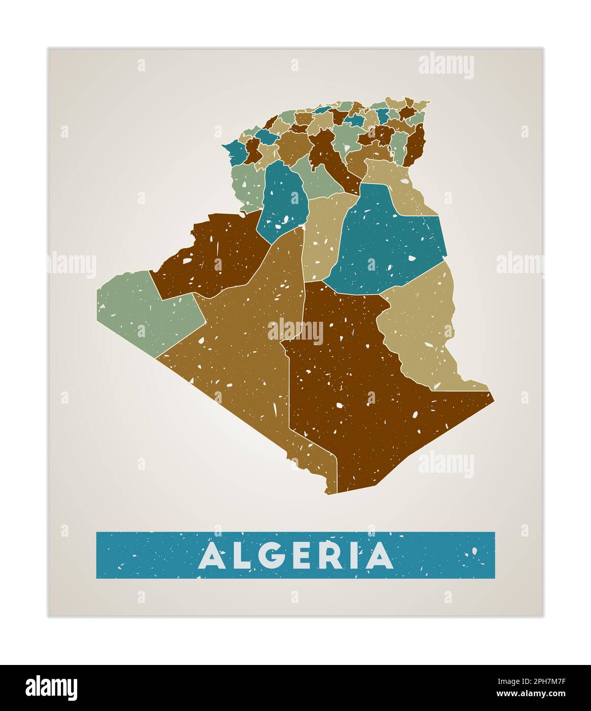 Carte Algérie. Affiche du pays avec les régions. Texture grunge ancienne. Forme de l'Algérie avec le nom du pays. Illustration vectorielle impressionnante. Illustration de Vecteur