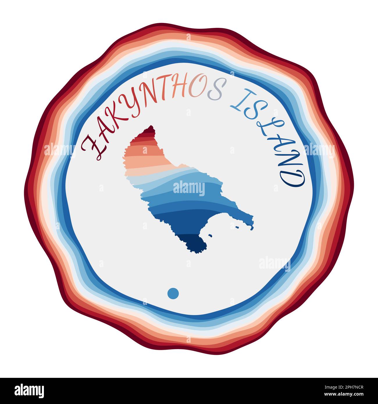 Badge de l'île de Zakynthos. Carte de l'île avec de belles vagues géométriques et un cadre rouge et bleu vif. Logo Zakynthos rond vif. Illustration de Vecteur