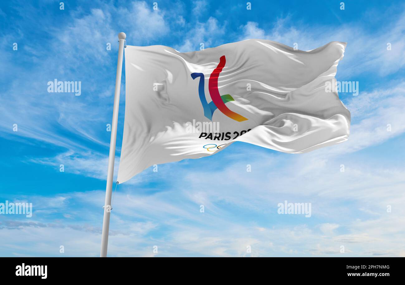 PARIS, FRANCE, Mars 2023: Drapeau des jeux olympiques de france 2024 en agitant dans le vent à ciel nuageux. Logo officiel de SOG 2024 à Paris. Copier l'espace. 3d illustration Banque D'Images