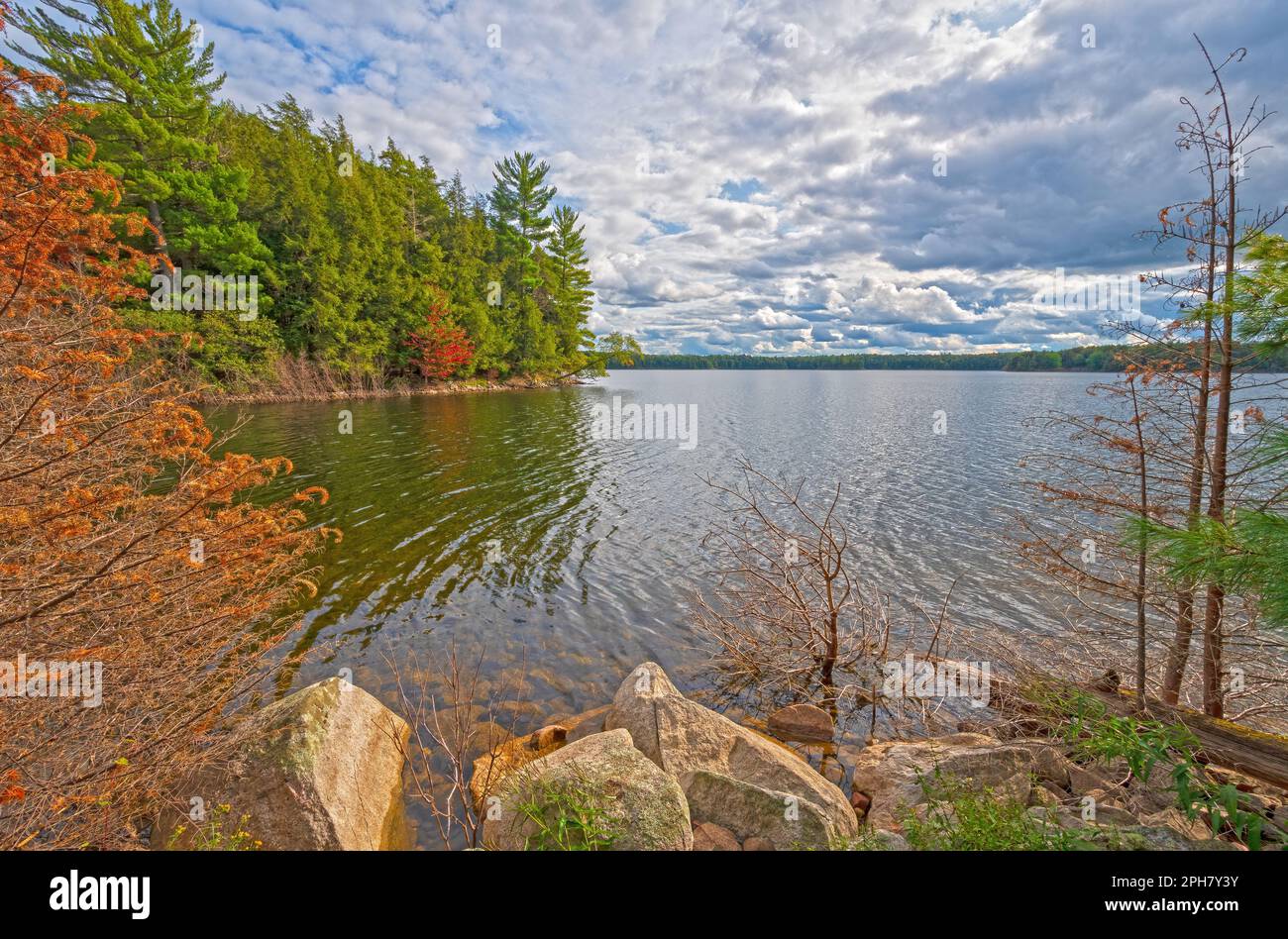 Crique tranquille avec des nuages intéressants sur le lac Clark dans la région sauvage de Sylvania au Michigan Banque D'Images