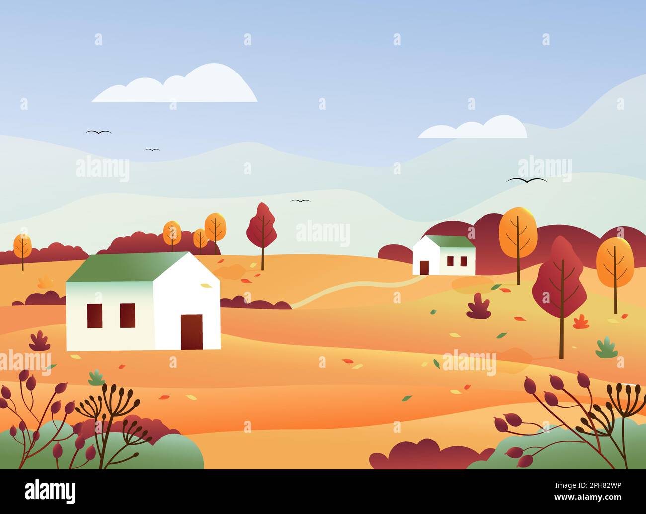Paysage d'automne avec maisons rurales, collines et forêt. Journée ensoleillée dans la campagne en automne. Illustration de Vecteur