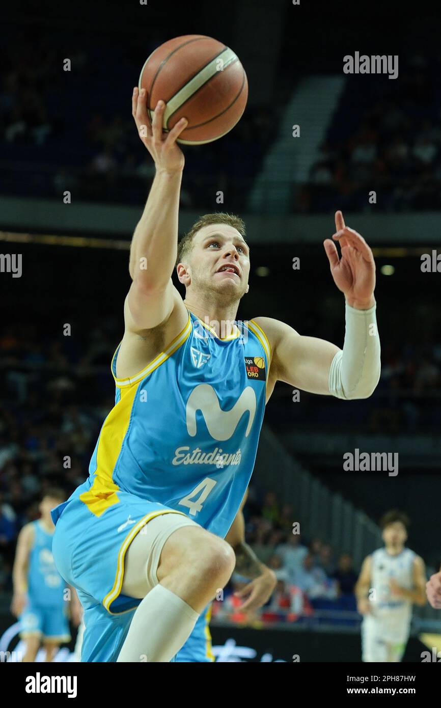 Madrid, Espagne. 26th mars 2023. Joueur Paul Jorgensen de Movistar Estudiantes vu en action pendant la ligue espagnole, Liga LEB Oro, match de basket-ball entre Movistar Estudiantes et HLA Alicante au pavillon du Centre Wizink. Notes finales; Movistar Estudiantes 70-65 HLA Alicante (photo d'Atilano Garcia/SOPA Images/Sipa USA) crédit: SIPA USA/Alay Live News Banque D'Images