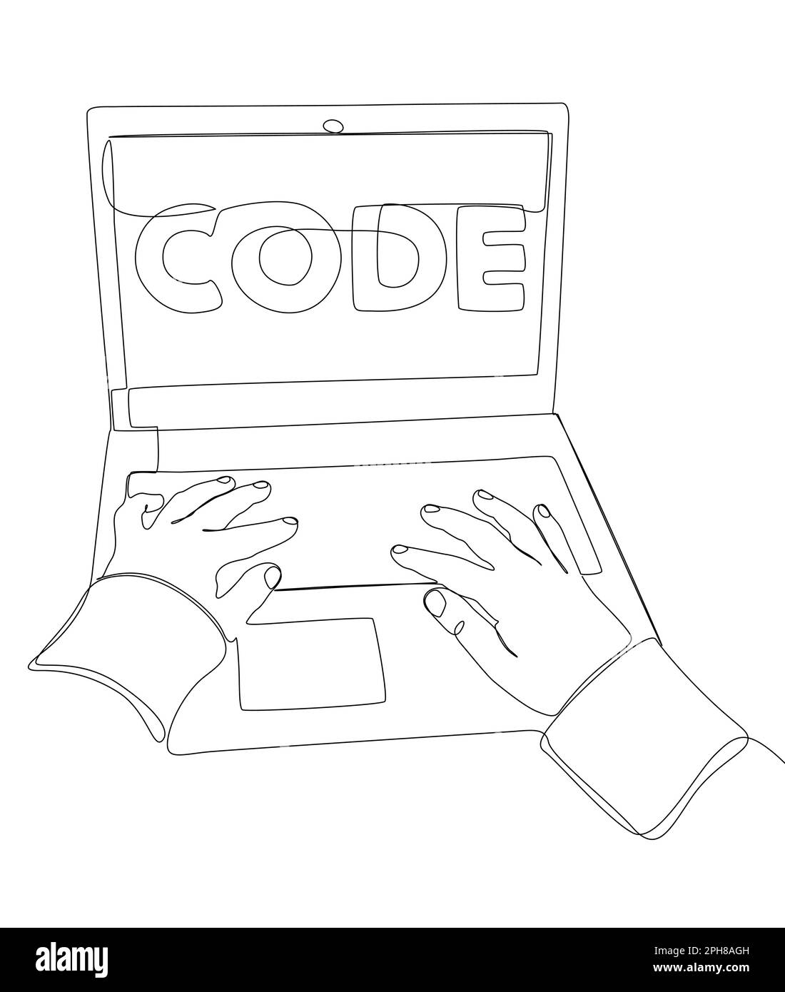 Une ligne d'homme continue avec ordinateur portable et texte de code. Concept de vecteur d'illustration à trait fin. Dessin de contour idées créatives. Illustration de Vecteur