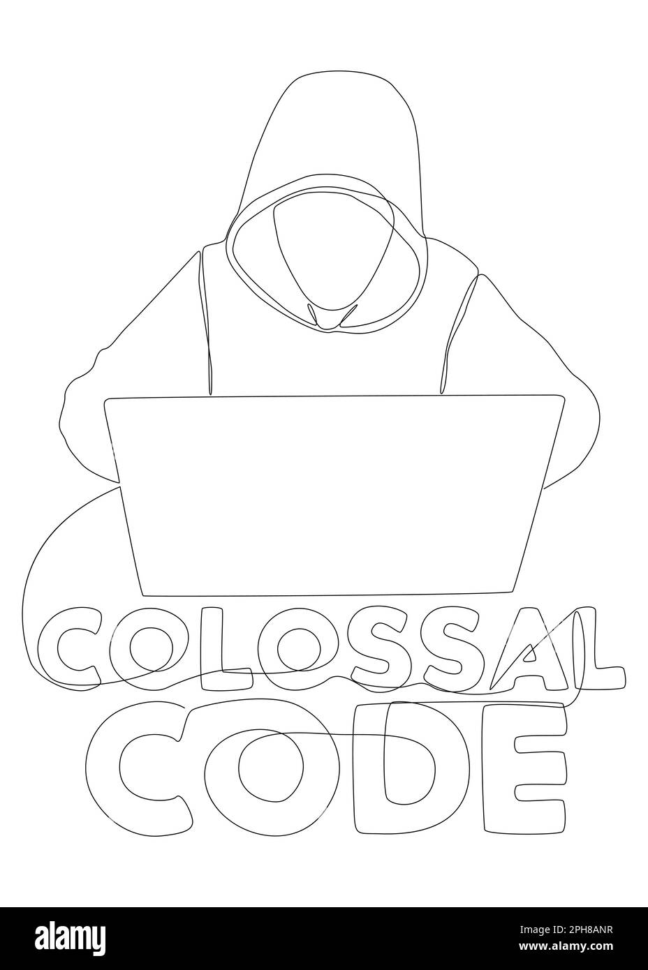 Une ligne continue d'homme avec ordinateur portable et texte Colossal Code. Concept de vecteur d'illustration à trait fin. Dessin de contour idées créatives. Illustration de Vecteur