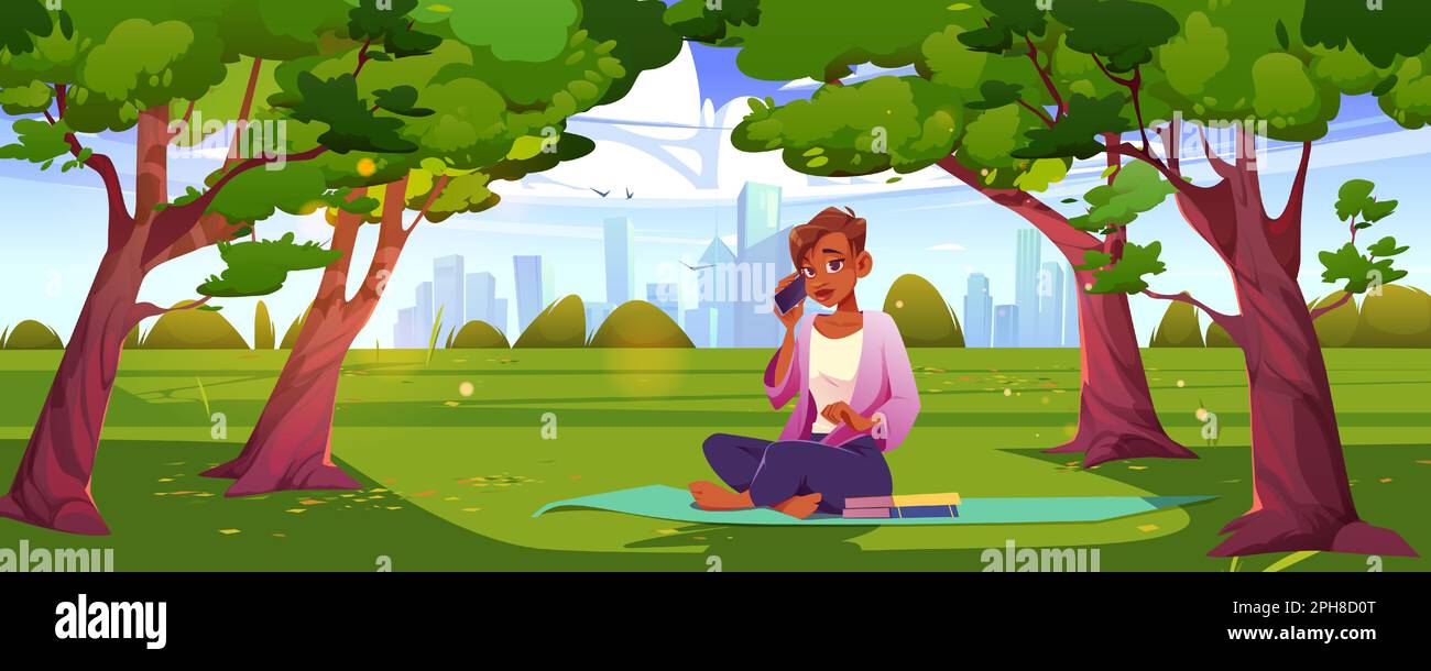 Fond vectoriel de dessin animé avec une fille assise dans le parc sur le tapis de yoga et parler sur le smartphone. Illustration du paysage urbain en plein air en été. Une femme se cache de la ville dans la nature pour travailler à distance avec le téléphone. Illustration de Vecteur