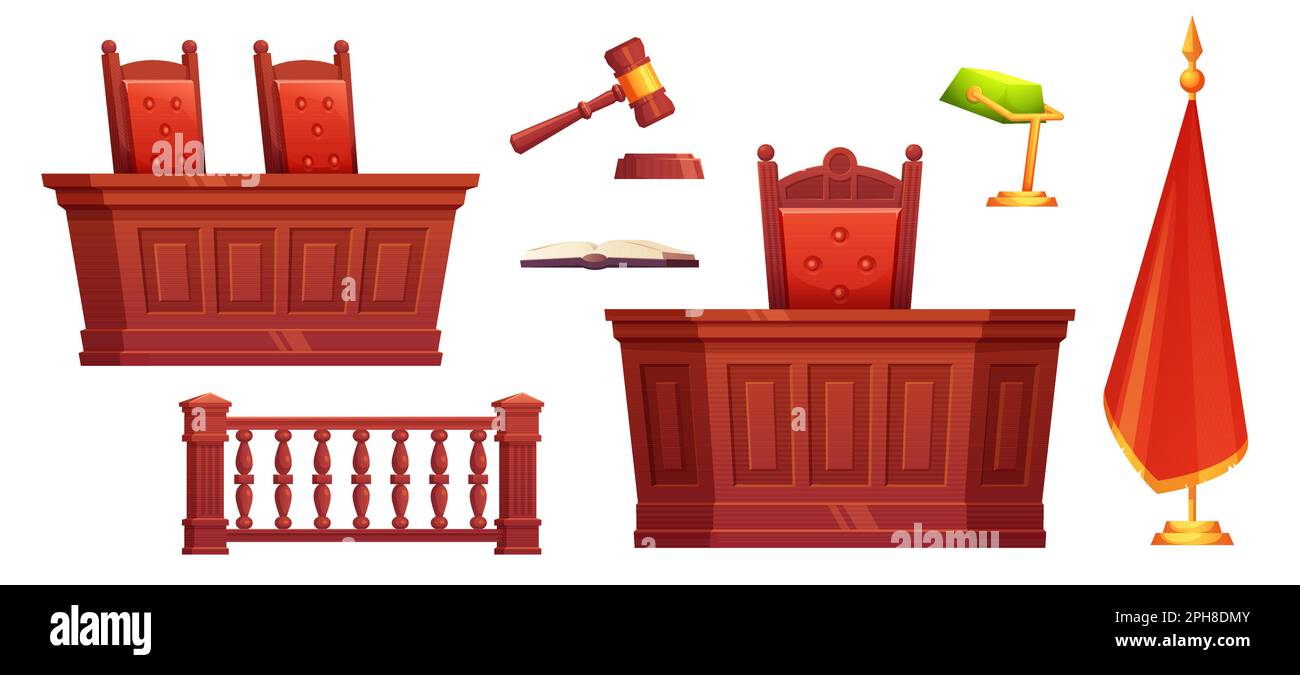 Ensemble intérieur vectoriel de salle de cour de dessin animé. Salle de procès à l'intérieur des meubles avec siège, bureau d'avocat, bâbord et drapeau rouge. Collection d'objets de bureau de palais de justice pour créer des scènes de droit de bricolage dans le jeu. Clôture en bois et lampe Illustration de Vecteur