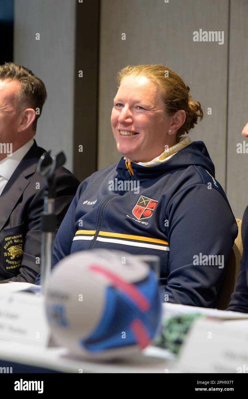 Hong Kong, Chine. 27th mars 2023. HONG KONG, HONG KONG SAR, CHINE : OCTOBRE 29TH 2022. Conférence de presse pour le lancement du tournoi de rugby 35th de Hong Kong 10 au Hong Kong football Club Causeway Bay, Hong Kong. Rochelle ÔRocky ÔClark, MBE, ancienne internationale d'Angleterre, gagnante de la coupe du monde et EnglandÕs deuxième joueur le plus coiffé. Alamy stock image/Jayne Russell Credit: Jayne Russell/Alay Live News Banque D'Images